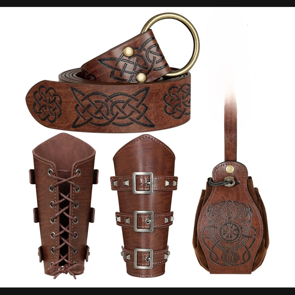 4 pcs Renaissance Accessories Belt,Medieval Belt Pouch,Leather Wrist Guards